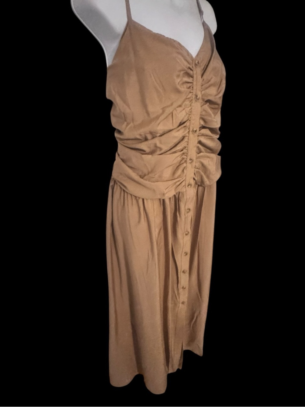 Future Collective Ruched Button-Down Midi Dress in Camel